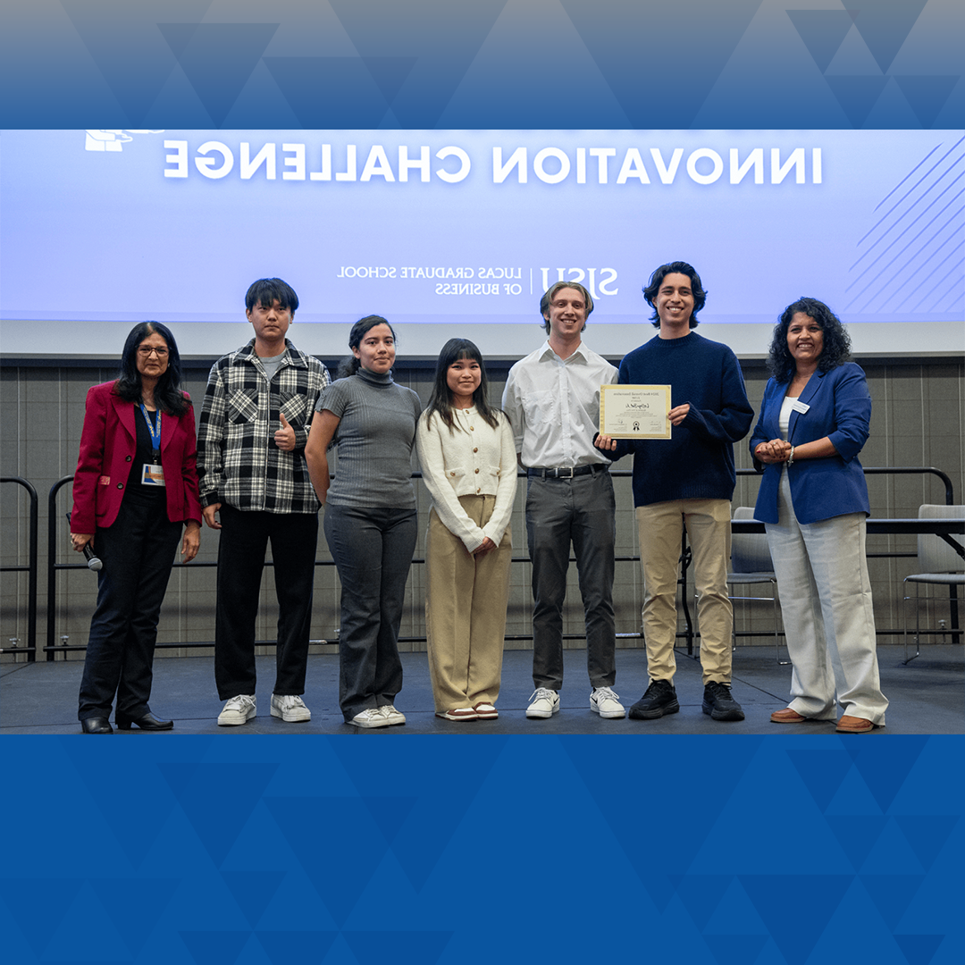 The CollegeBot team won 1st Place Best Overall Innovation at the 2024 Silicon Valley Innovation Challenge, held in the 菠菜网lol正规平台 Student Union Ballroom on December 3rd.  Photo by Adriana Avila.